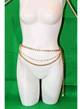1980/90's Gold Tone Multi Strand Chain Link and Pearls Belt